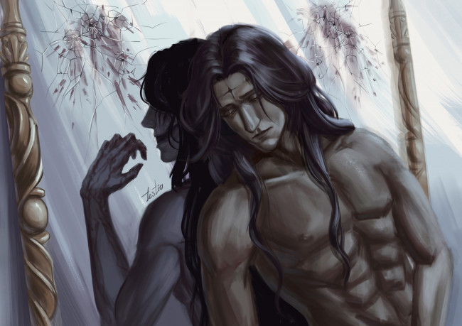 Обои картинки фото фэнтези, люди, человек, отражение, зеркало, трещины