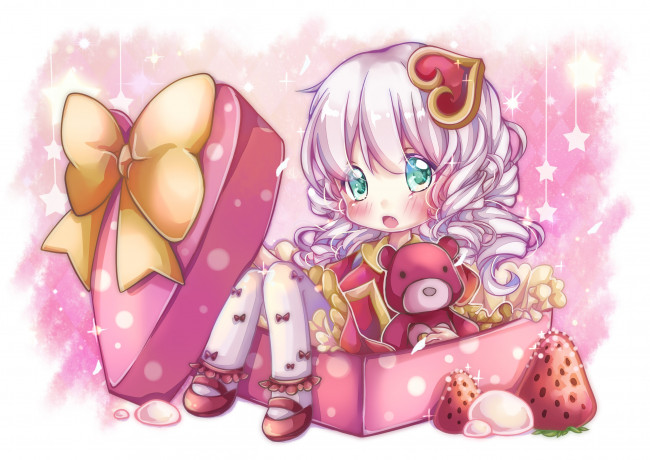 Обои картинки фото видео игры, league of legends, девочка, мишка, коробка, сердечко, клубника