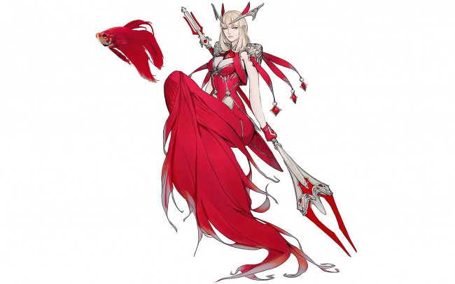 Обои картинки фото аниме, оружие,  техника,  технологии, девушка, посох, рыбка