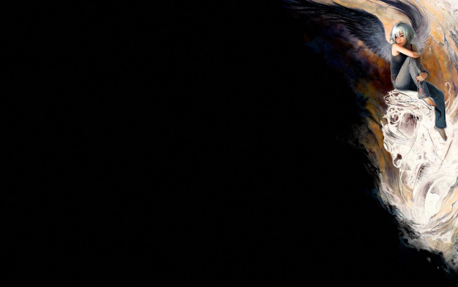 Обои картинки фото фэнтези, ангелы, девушка, ангел, майка, джинсы, крылья