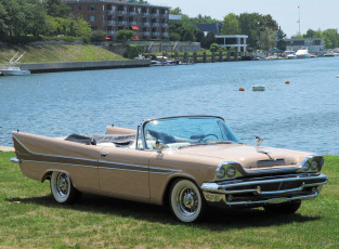 Картинка автомобили de soto трава озеро дом лодки деревья небо