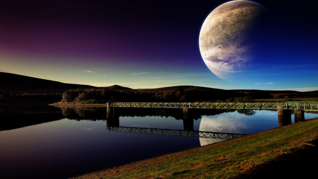 Обои картинки фото разное, компьютерный, дизайн, мост, река, планета