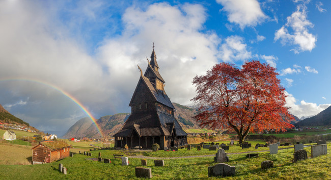 Обои картинки фото hopperstad stave church, города, - католические соборы,  костелы,  аббатства, радуга, храм