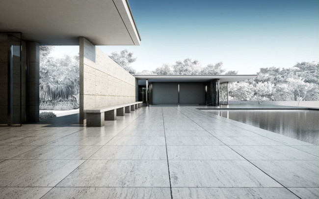 Обои картинки фото интерьер, бассейны,  открытые площадки, бассейн, деревья, скамейка, здание