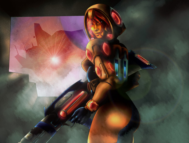 Обои картинки фото рисованное, комиксы, девушка, фон, взгляд, оружие