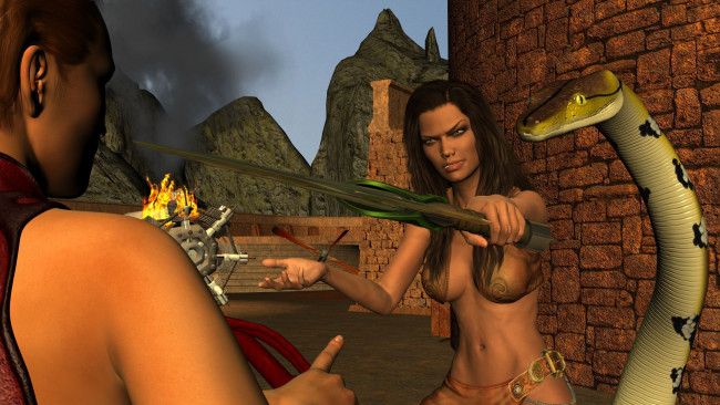 Обои картинки фото 3д графика, фантазия , fantasy, змея, взгляд, девушка, фон