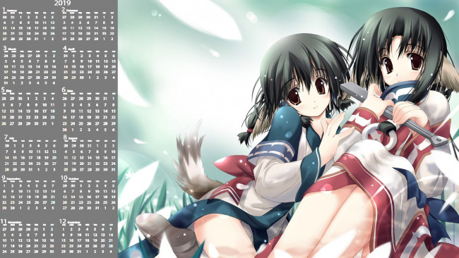 Обои картинки фото календари, аниме, двое, уши, взгляд, девушка
