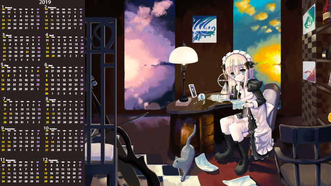 Обои картинки фото календари, аниме, комната, мебель, стол, девушка