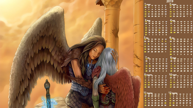 Обои картинки фото календари, фэнтези, девушка, крылья, оружие, кровь, двое