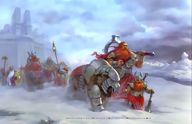 Обои картинки фото календари, фэнтези, 2019, calendar, оружие, животное, мужчина, медведь, зима, снег