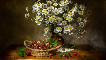 Картинка еда клубника +земляника букет ромашки земляника корзинка