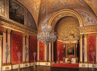 обоя рисованное, эдуард гау, дворец, интерьер, зал, лепнина, люстра, свечи, картины, ступени, кресло