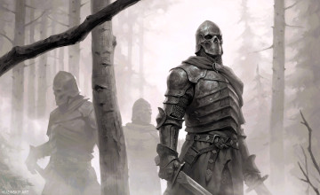 обоя фэнтези, нежить, рыцари, латы, черепа, мечи, туман, лес