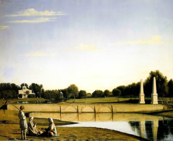 Обои картинки фото григорий сорока, рисованное, парк, деревья, колонны, особняк, крестьяне, мост, река