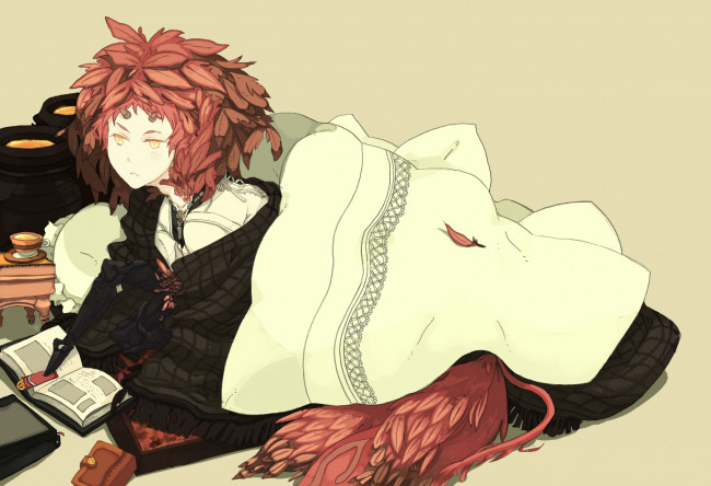 Обои картинки фото аниме, angels, demons, плед, перья, демон, крылья, книга, рога