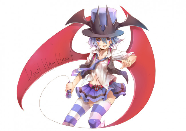 Обои картинки фото аниме, headphones, instrumental, девушка, демон, микрофон, шляпа, крылья