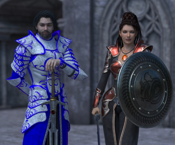 Обои картинки фото 3д графика, фантазия , fantasy, щит, оружие, меч, девушка, мужчина