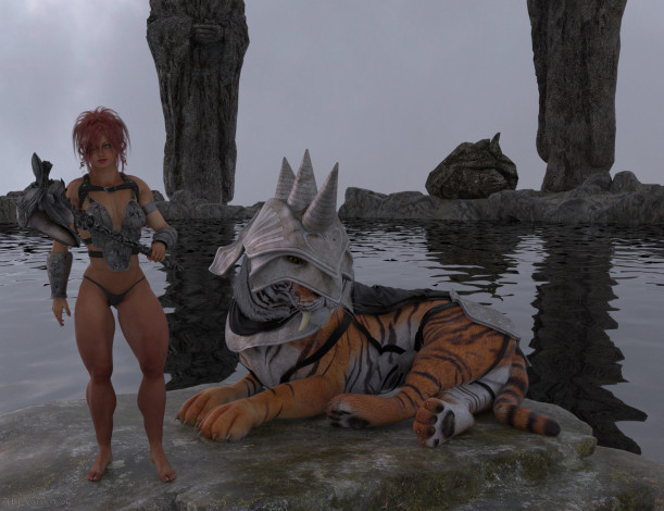 Обои картинки фото 3д графика, фантазия , fantasy, взгляд, тигр, вода, камни, булава, девушка
