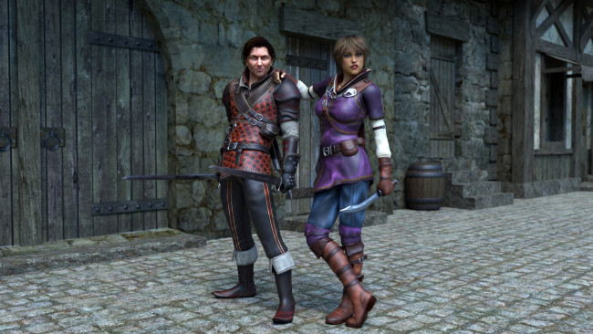 Обои картинки фото 3д графика, фантазия , fantasy, девушка, мужчина, оружие, меч