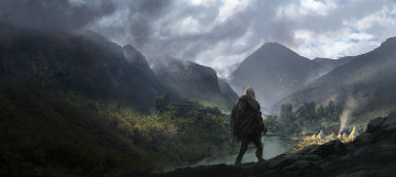 Картинка фэнтези пейзажи человек селение река горы тучи небо