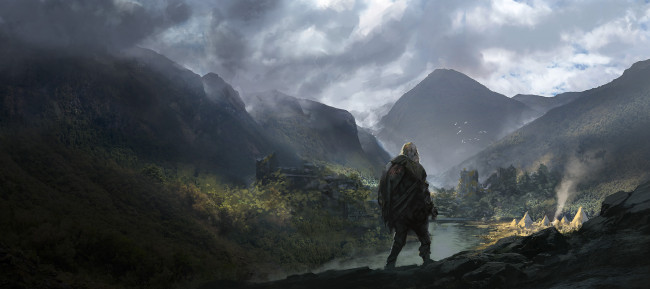 Обои картинки фото фэнтези, пейзажи, человек, селение, река, горы, тучи, небо