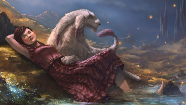 Обои картинки фото фэнтези, красавицы и чудовища, вода, существо, мир, девушка, иной, горы