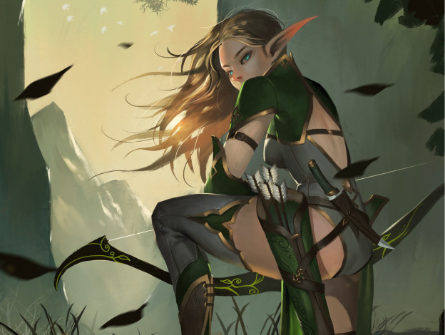 Обои картинки фото фэнтези, эльфы, фэнтази, взгляд, арт, эльфийка, лук, поза