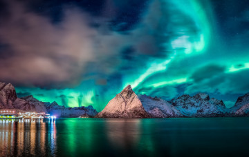 Картинка природа северное+сияние nordland reine norway