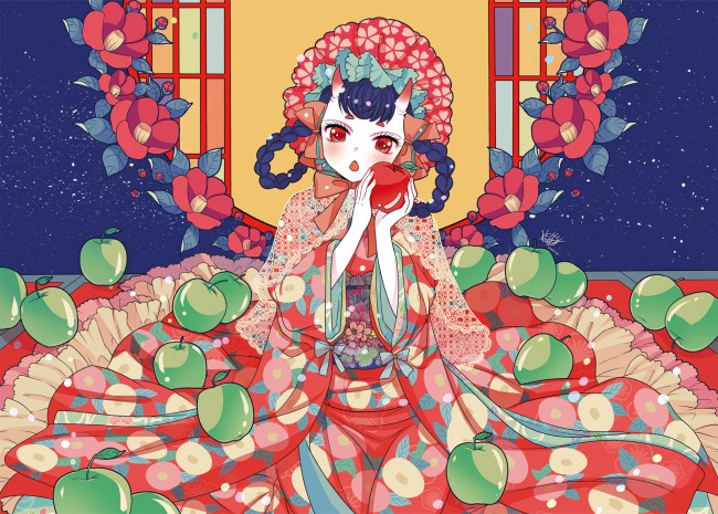 Обои картинки фото аниме, животные,  существа, девушка, фон, взгляд