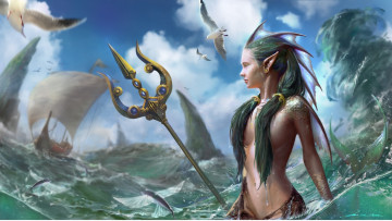 Картинка фэнтези русалки море небо взгляд волосы корабль русалка чайки арт трезубец профиль