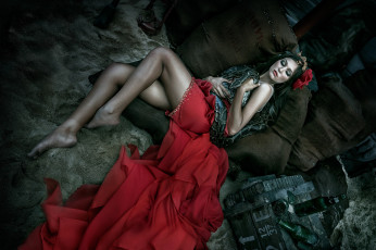 Картинка девушки -+креатив +косплей девушка модель креатив косплей cosplay платье красное змея война ящик патроны бутылка брюнетка зелёная разруха