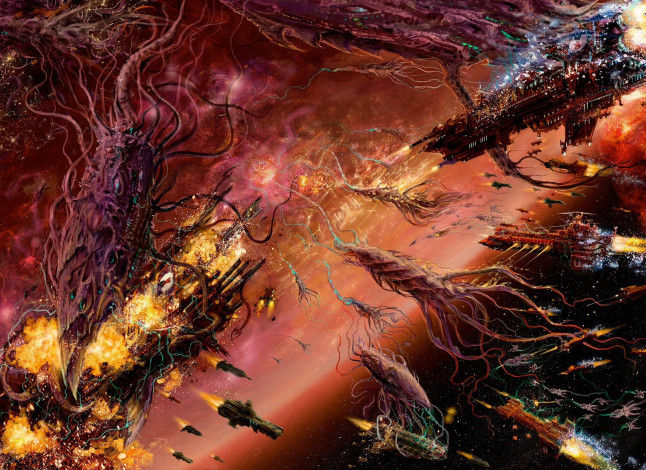 Обои картинки фото видео игры, warhammer 40k, космос, корабли, бой, планета