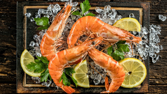 Обои картинки фото еда, рыба,  морепродукты,  суши,  роллы, лед, креветки, петрушка, лимон