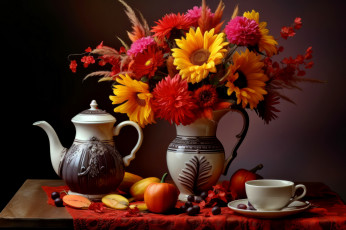 Картинка еда натюрморт букет тыква кофейник чашка