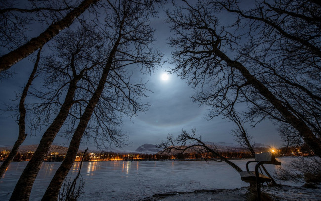 Обои картинки фото города, - огни ночного города, деревья, река, поселок, огни, горы