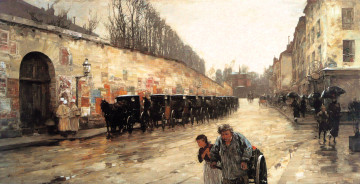 обоя рисованное, frederick childe hassam, город, улица, люди, экипажи, стена, дома