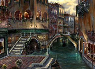 обоя рисованное, robert finale, венеция, дома, канал, мосты
