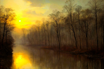 обоя рисованное, природа, деревья, река, туман, лес, листья, осень