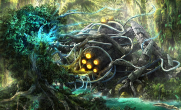 Картинка фэнтези космические+корабли +звездолеты +станции лес корабль двигатель деревья магия река