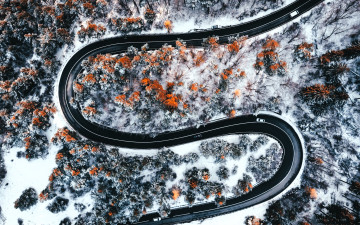 обоя природа, дороги, панорама, дорога, снег, деревья