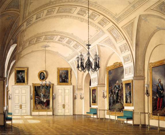 Обои картинки фото рисованное, эдуард гау, дворец, интерьер, зал, свод, лепнина, люстра, картины