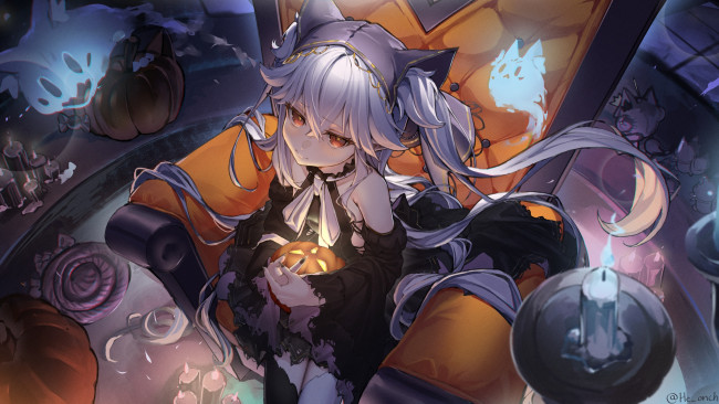 Обои картинки фото аниме, магия,  колдовство,  halloween, hololive, shirakami, fubuki, makigaihe, хеллоуин