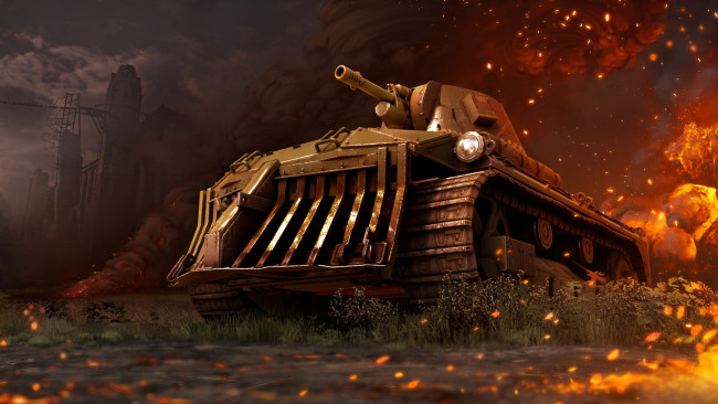 Обои картинки фото видео игры, crossout, техника, танк, огонь, искры, завод