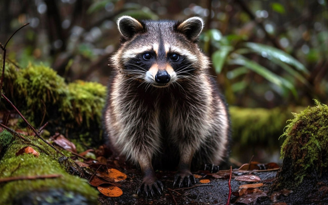 Обои картинки фото разное, компьютерный дизайн, енот, листья, мох