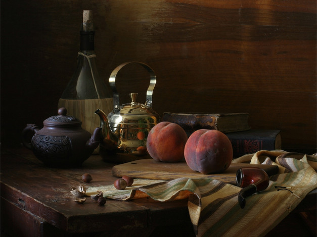 Обои картинки фото ира, быкова, два, персика, еда, натюрморт