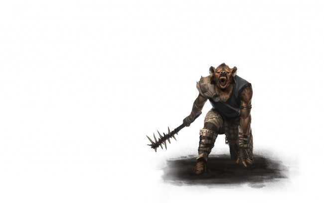 Обои картинки фото волк, фэнтези, существа, оружие, булава, дубина, воин, белый, фон