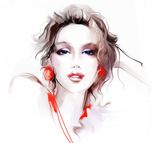 Обои картинки фото рисованные, люди, взгляд, рука, фон, серьги, волосы, лицо, макияж, глаза, девушка, tatiana, nikitina, красные