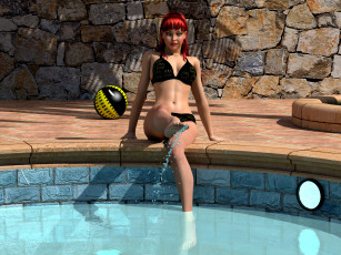 Картинка 3д+графика люди+ people фон девушка взгляд рыжая бассейн забор брызги улыбка