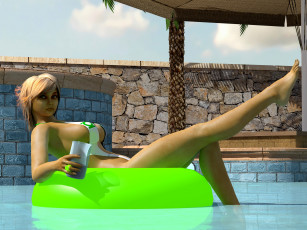 Картинка 3д+графика люди+ people фон взгляд забор облака небо бассейн напиток девушка