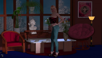 Картинка 3д+графика люди+ people девушки взгляд стол светильник окно цветы картина стулья бюст